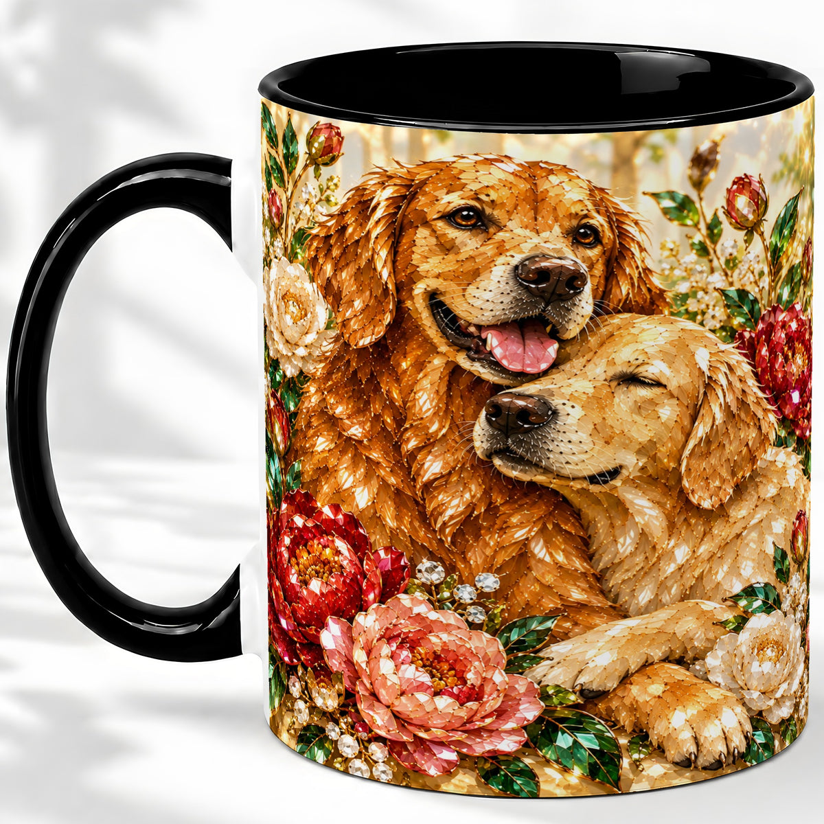 #pl[11oz|Black] Golden Retriever Floral Ceramic Mug with Two Dogs and Roses