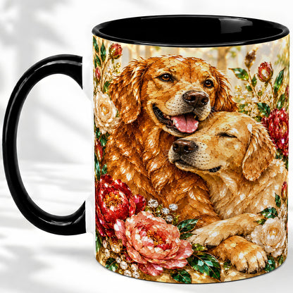 #pl[11oz|Black] Golden Retriever Floral Ceramic Mug with Two Dogs and Roses