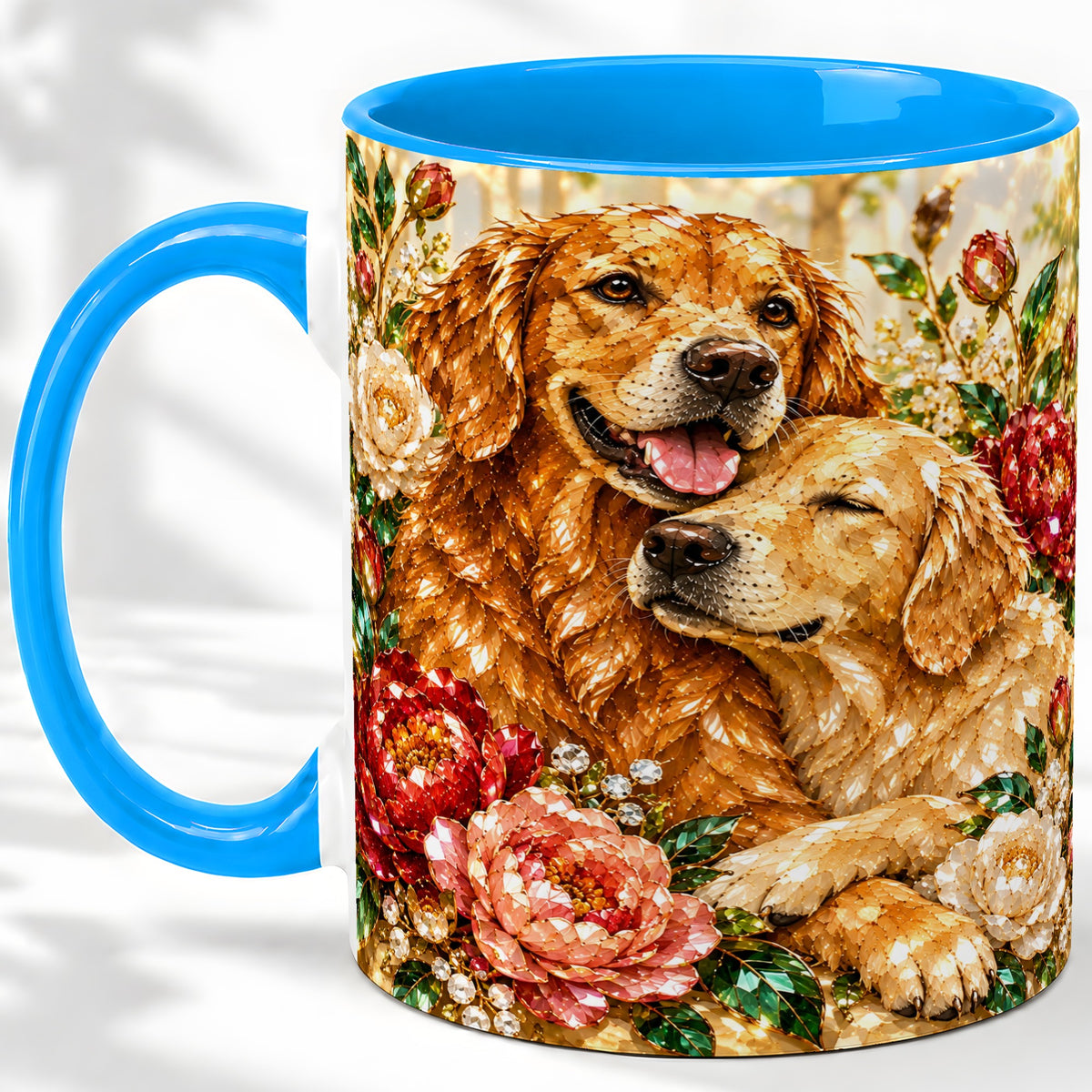 #pl[11oz|Blue] Golden Retriever Floral Ceramic Mug with Two Dogs and Roses