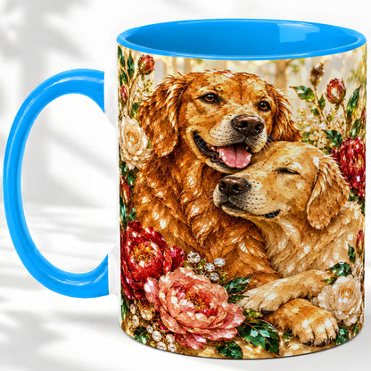 #pl[11oz|Blue] Golden Retriever Floral Ceramic Mug with Two Dogs and Roses