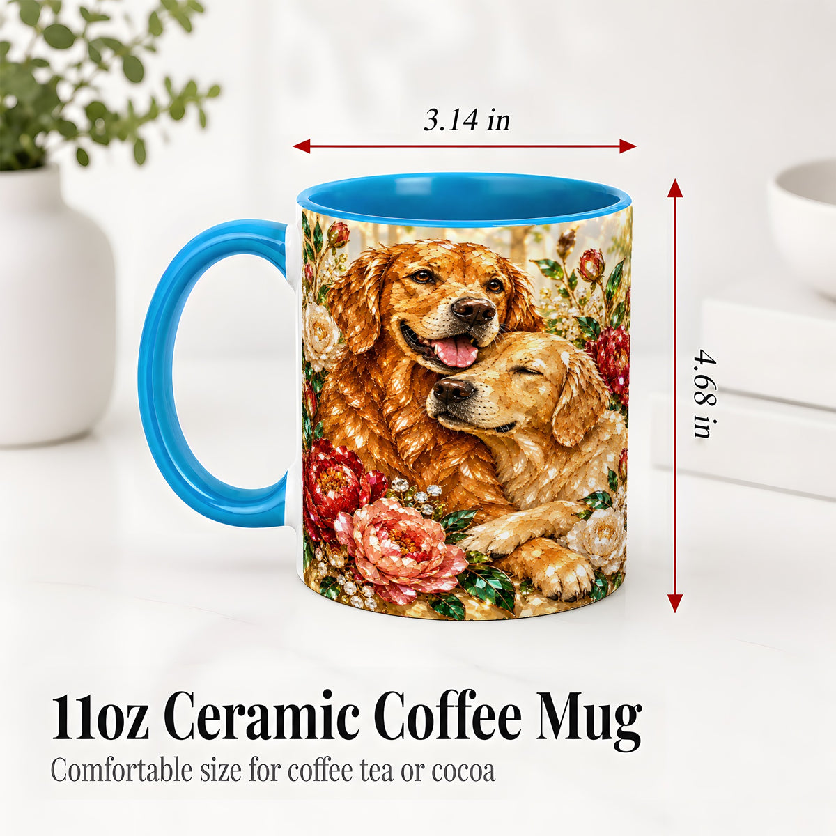 #pl[11oz|Blue] Golden Retriever Floral Ceramic Mug with Two Dogs and Roses