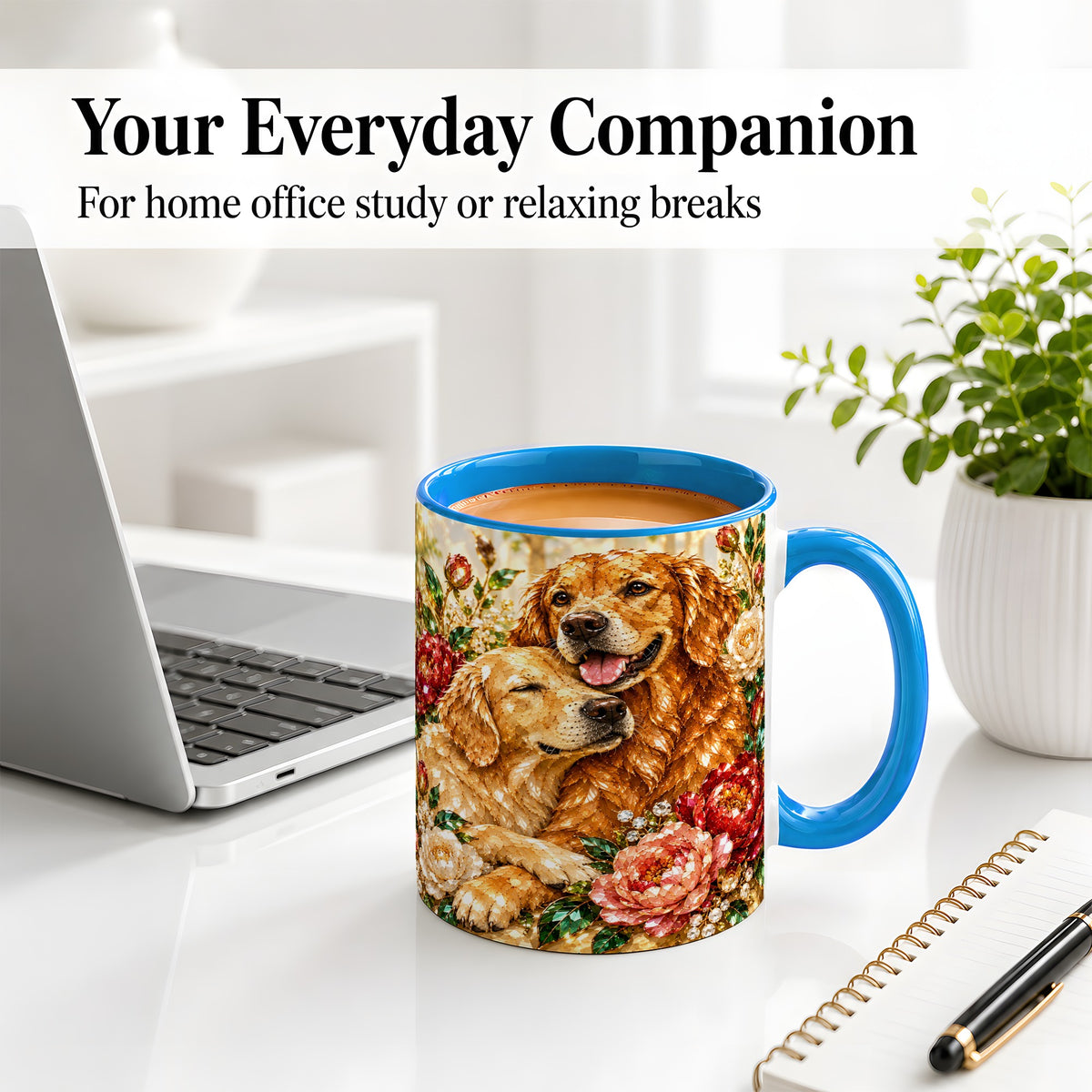 #pl[11oz|Blue] Golden Retriever Floral Ceramic Mug with Two Dogs and Roses