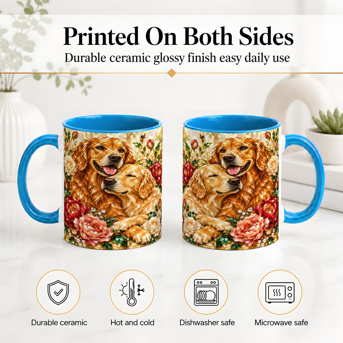 #pl[11oz|Blue] Golden Retriever Floral Ceramic Mug with Two Dogs and Roses