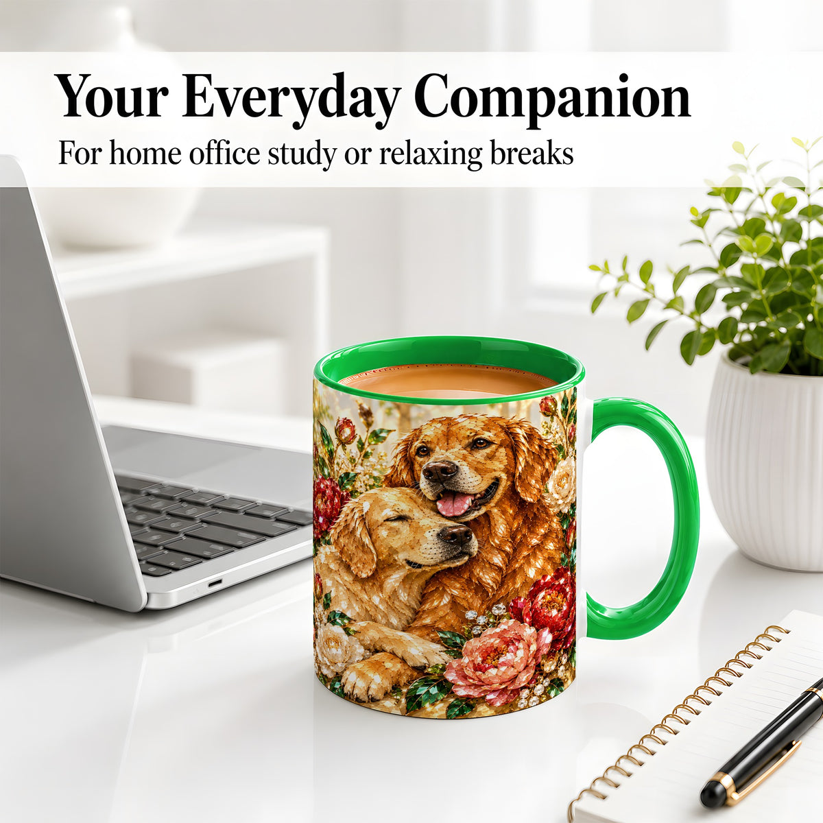 #pl[11oz|Green] Golden Retriever Floral Ceramic Mug with Two Dogs and Roses