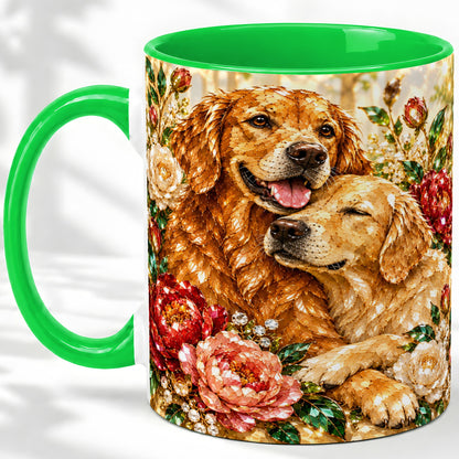 #pl[11oz|Green] Golden Retriever Floral Ceramic Mug with Two Dogs and Roses