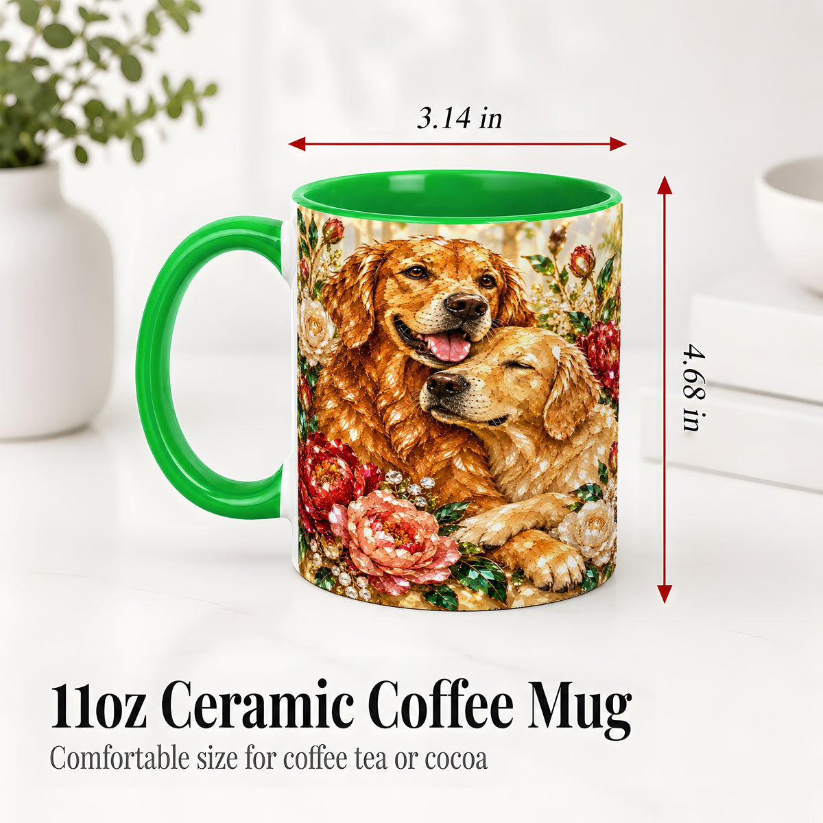 #pl[11oz|Green] Golden Retriever Floral Ceramic Mug with Two Dogs and Roses
