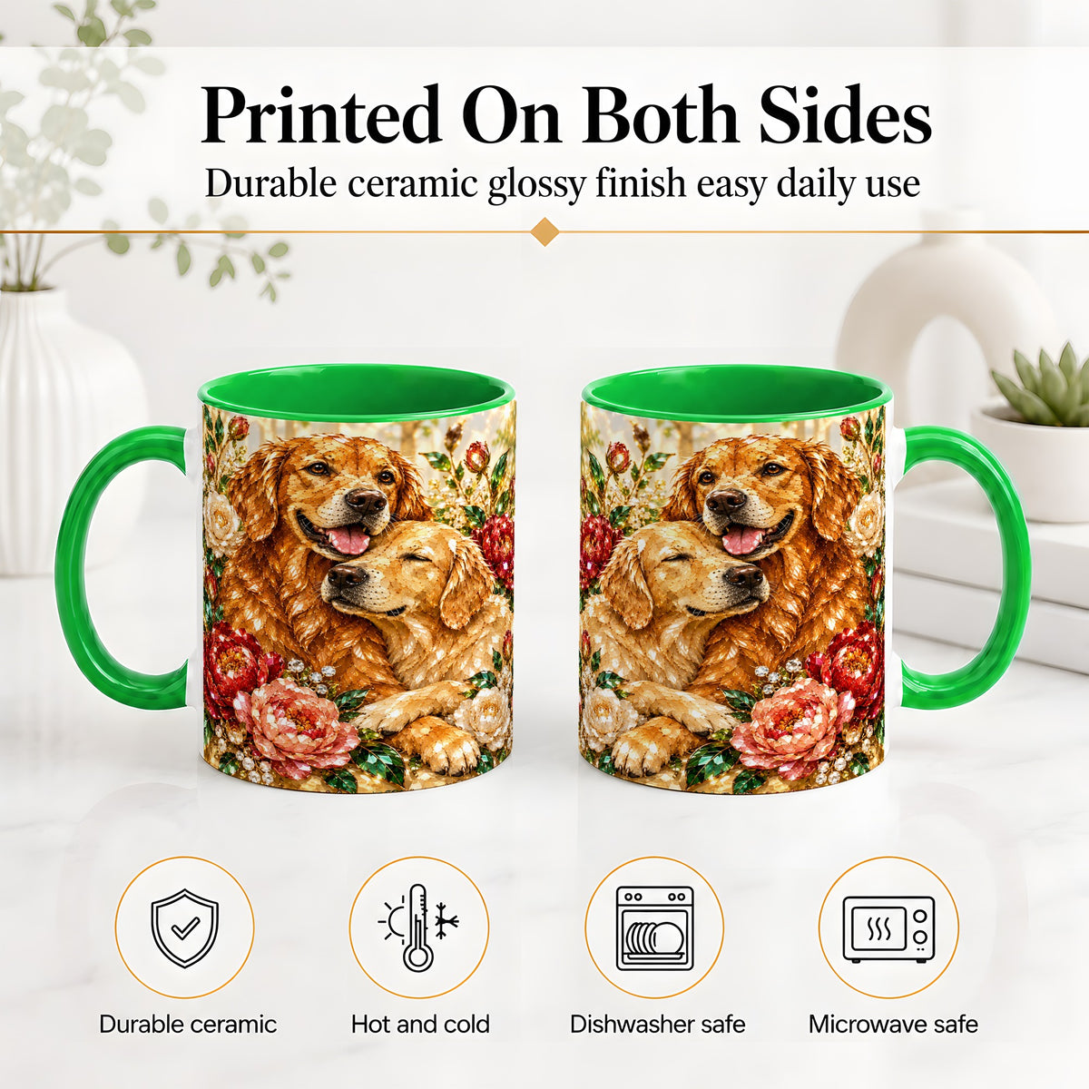 #pl[11oz|Green] Golden Retriever Floral Ceramic Mug with Two Dogs and Roses
