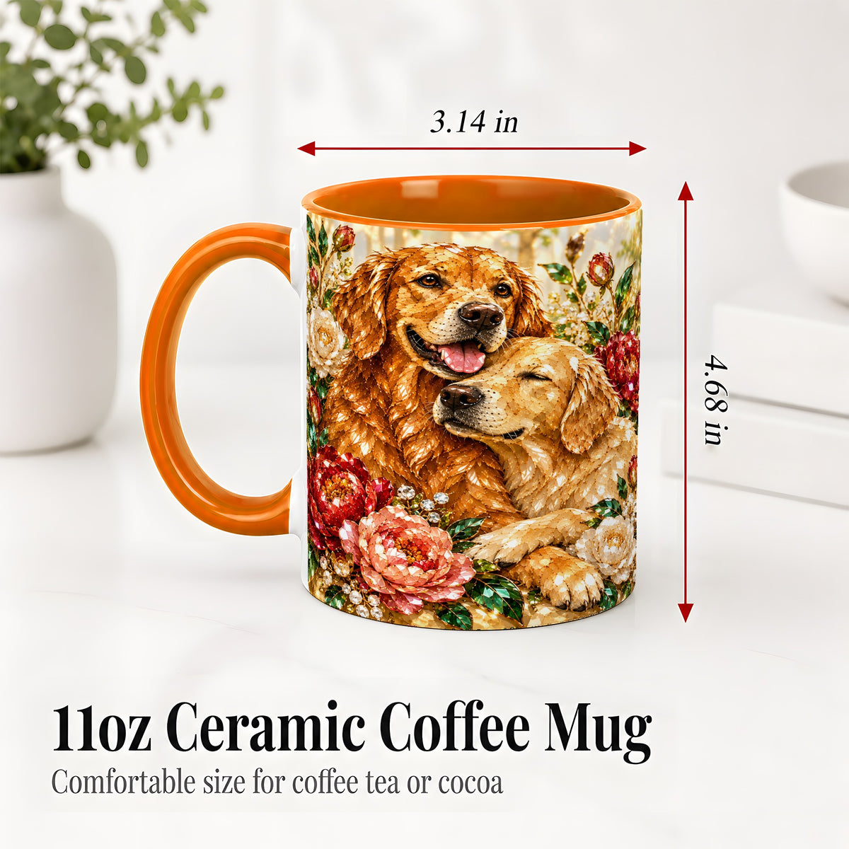 #pl[11oz|Orange] Golden Retriever Floral Ceramic Mug with Two Dogs and Roses