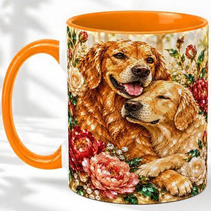 #pl[11oz|Orange] Golden Retriever Floral Ceramic Mug with Two Dogs and Roses