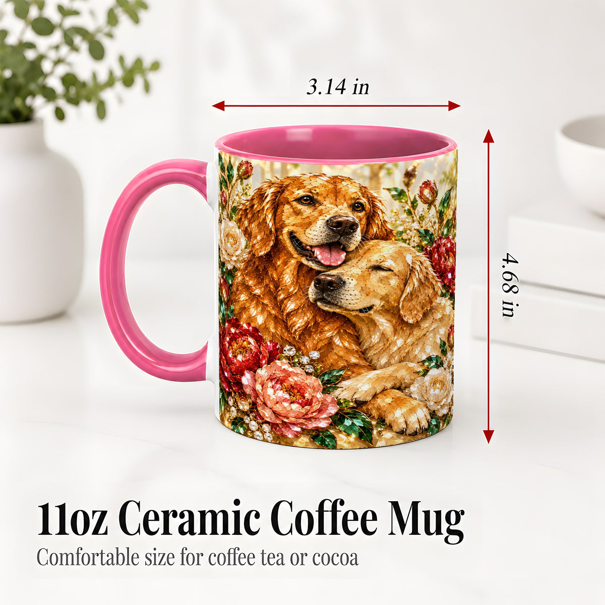 #pl[11oz|Pink] Golden Retriever Floral Ceramic Mug with Two Dogs and Roses