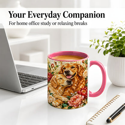 #pl[11oz|Pink] Golden Retriever Floral Ceramic Mug with Two Dogs and Roses
