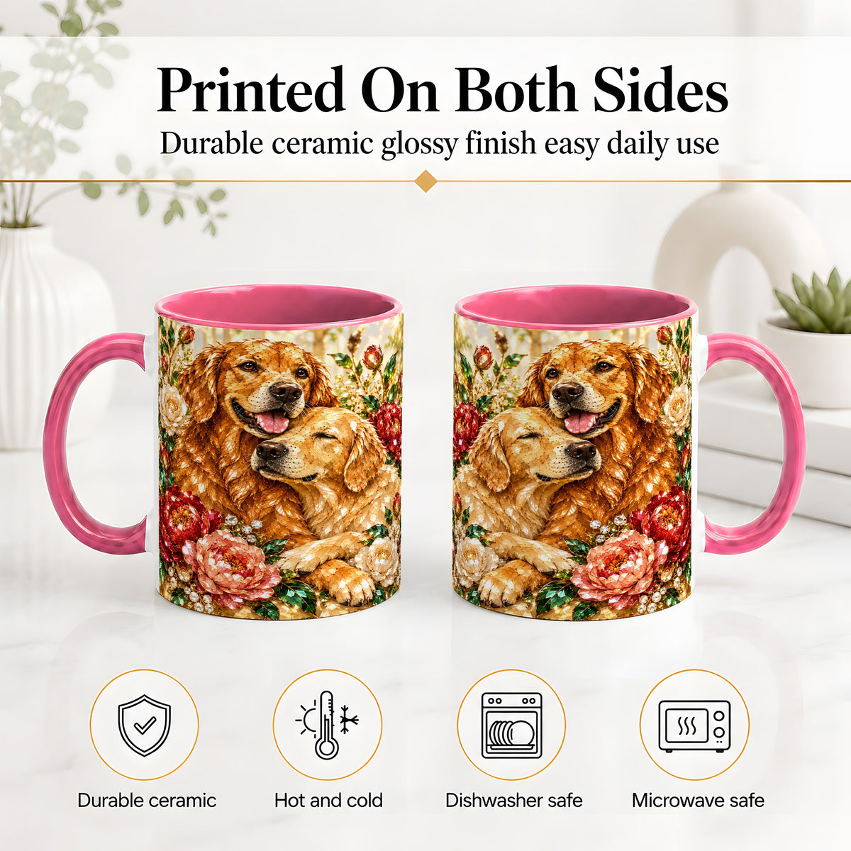 #pl[11oz|Pink] Golden Retriever Floral Ceramic Mug with Two Dogs and Roses