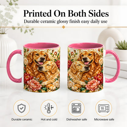 #pl[11oz|Pink] Golden Retriever Floral Ceramic Mug with Two Dogs and Roses