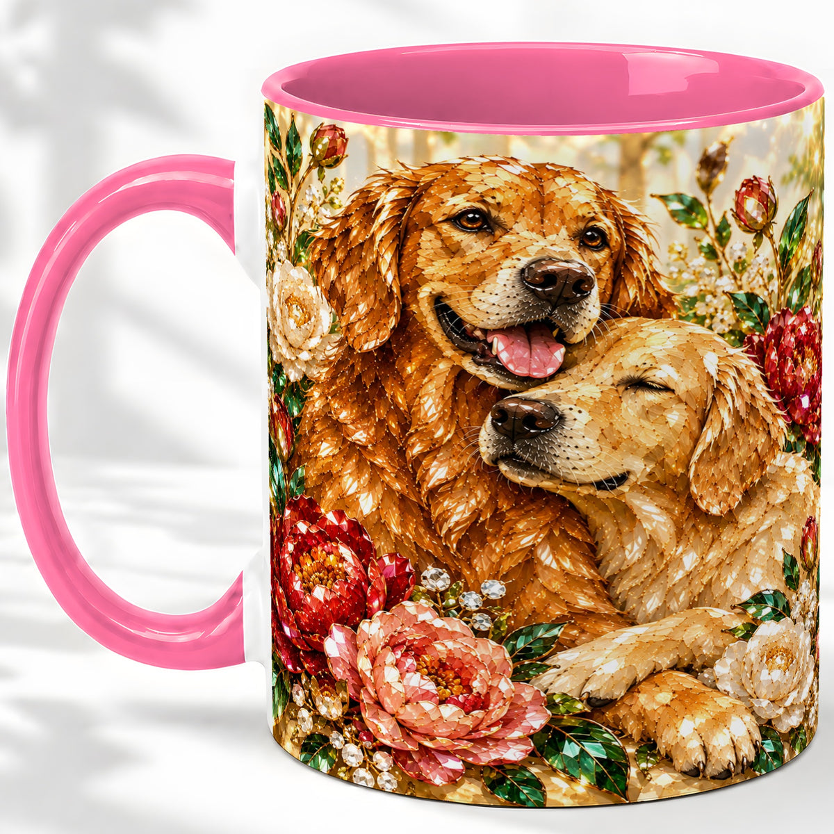 #pl[11oz|Pink] Golden Retriever Floral Ceramic Mug with Two Dogs and Roses