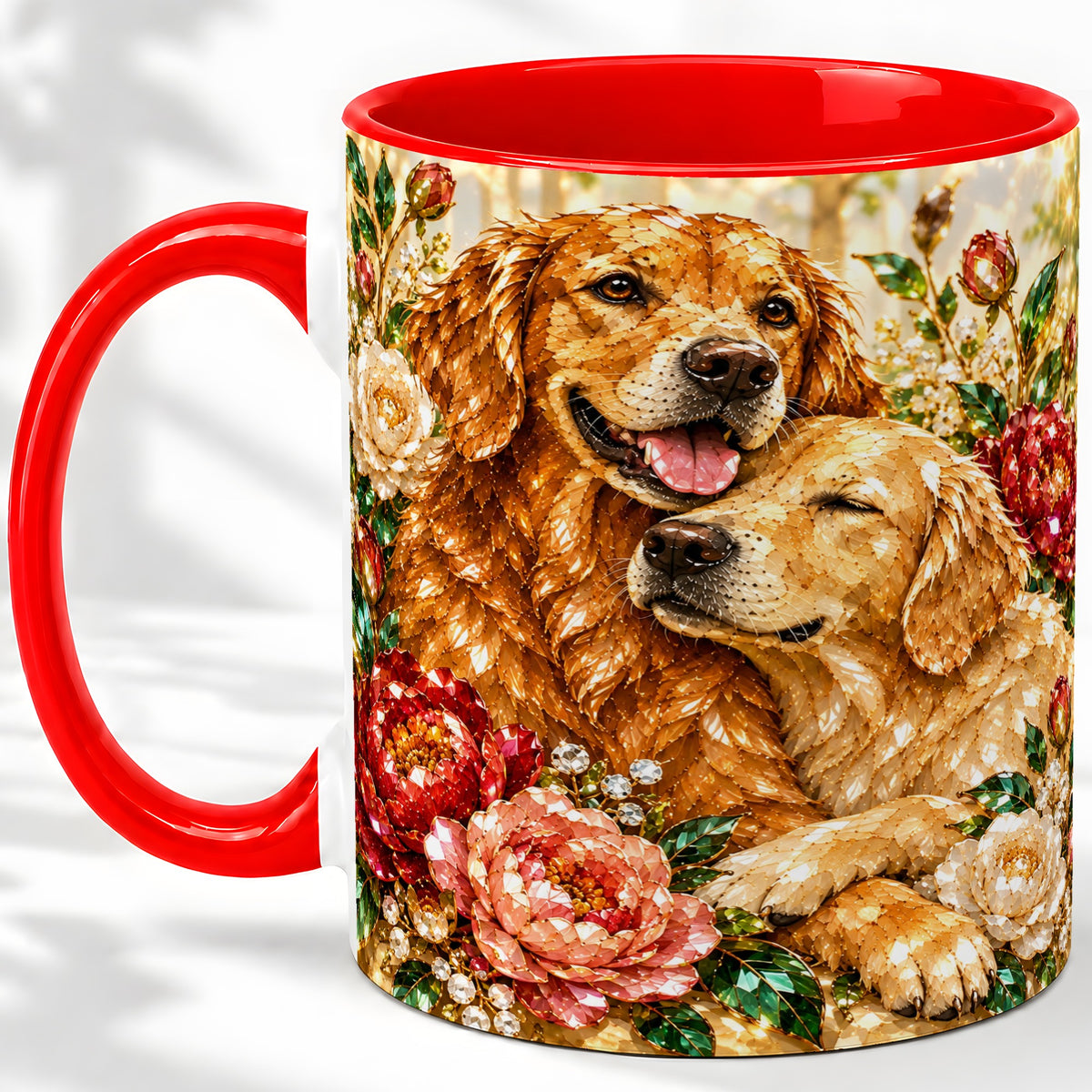 Golden Retriever Floral Ceramic Mug with Two Dogs and Roses