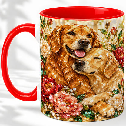 Golden Retriever Floral Ceramic Mug with Two Dogs and Roses