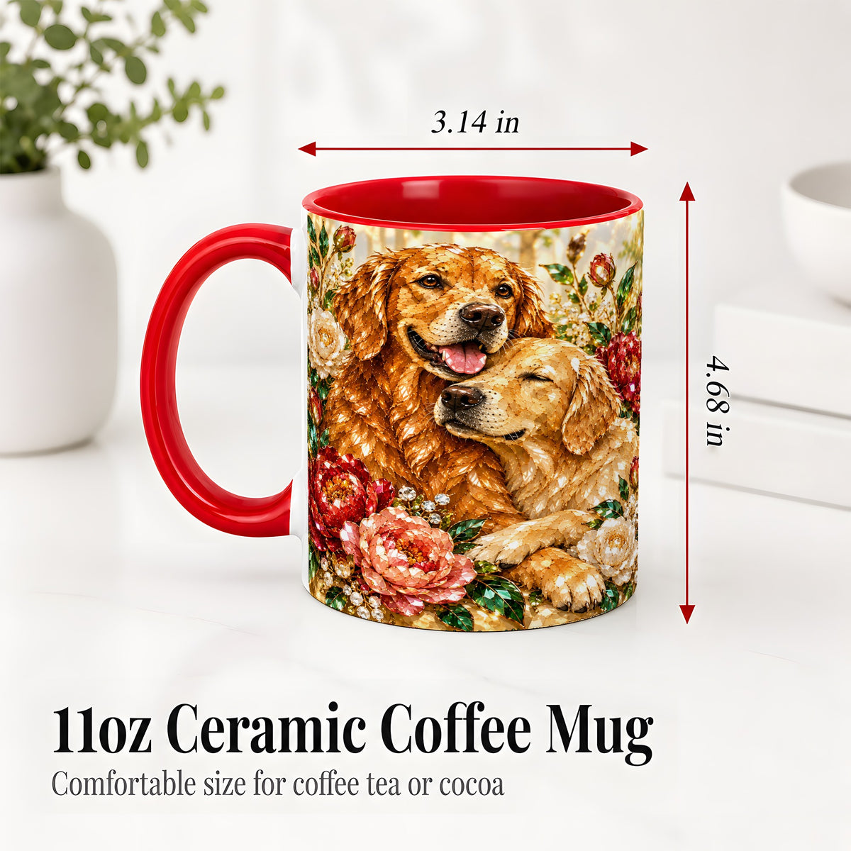 #pl[11oz|Red] Golden Retriever Floral Ceramic Mug with Two Dogs and Roses