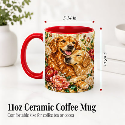 #pl[11oz|Red] Golden Retriever Floral Ceramic Mug with Two Dogs and Roses