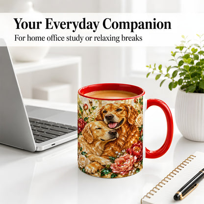 #pl[11oz|Red] Golden Retriever Floral Ceramic Mug with Two Dogs and Roses