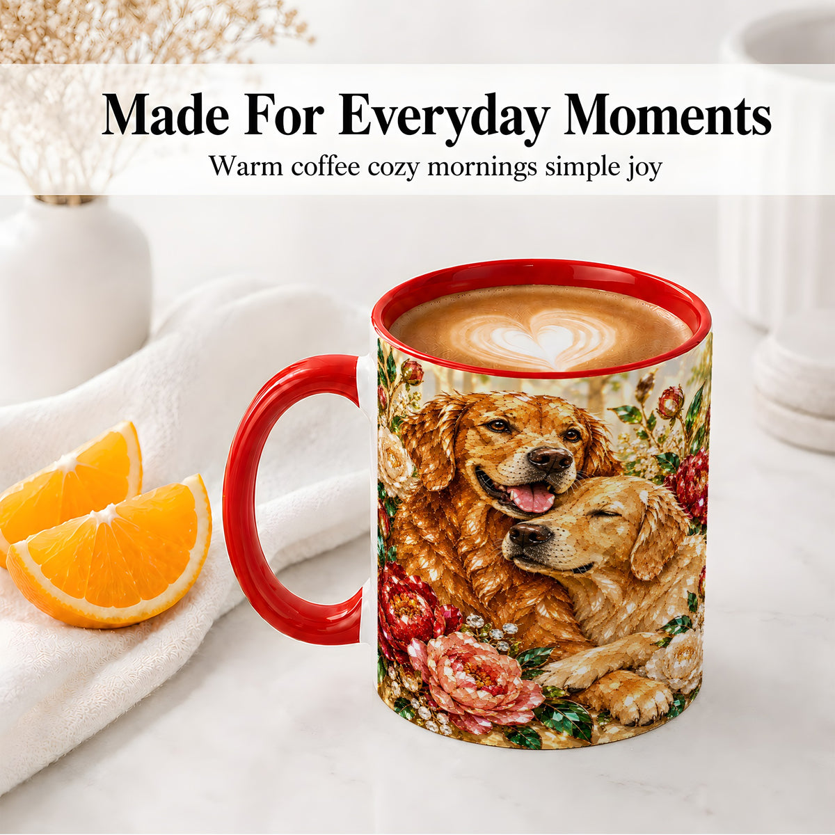 #pl[11oz|Red] Golden Retriever Floral Ceramic Mug with Two Dogs and Roses