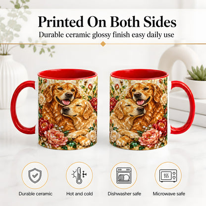 #pl[11oz|Red] Golden Retriever Floral Ceramic Mug with Two Dogs and Roses