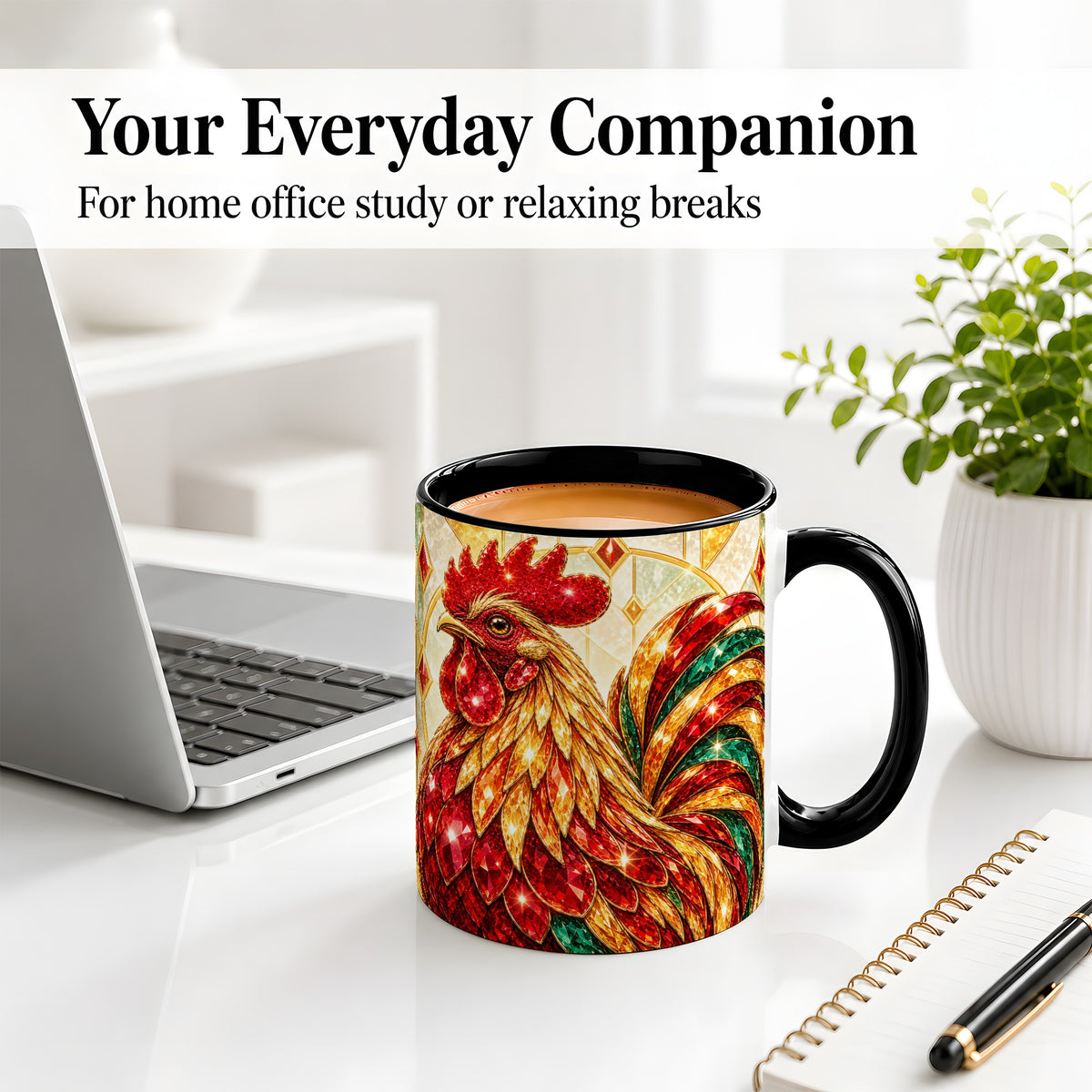 #pl[11oz|Black] Stained Glass Rooster Ceramic Mug with Red Green and Gold Artwork