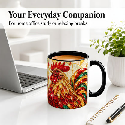 #pl[11oz|Black] Stained Glass Rooster Ceramic Mug with Red Green and Gold Artwork