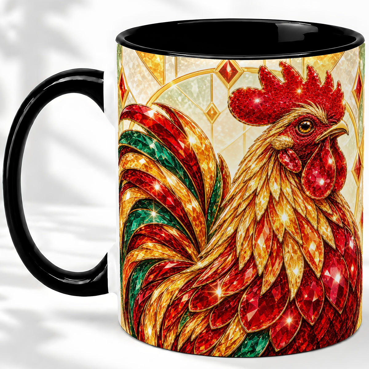 #pl[11oz|Black] Stained Glass Rooster Ceramic Mug with Red Green and Gold Artwork