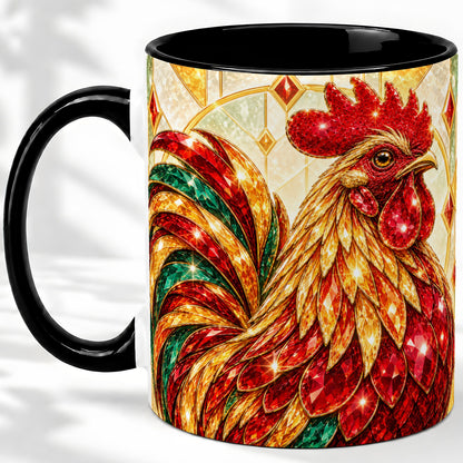 #pl[11oz|Black] Stained Glass Rooster Ceramic Mug with Red Green and Gold Artwork