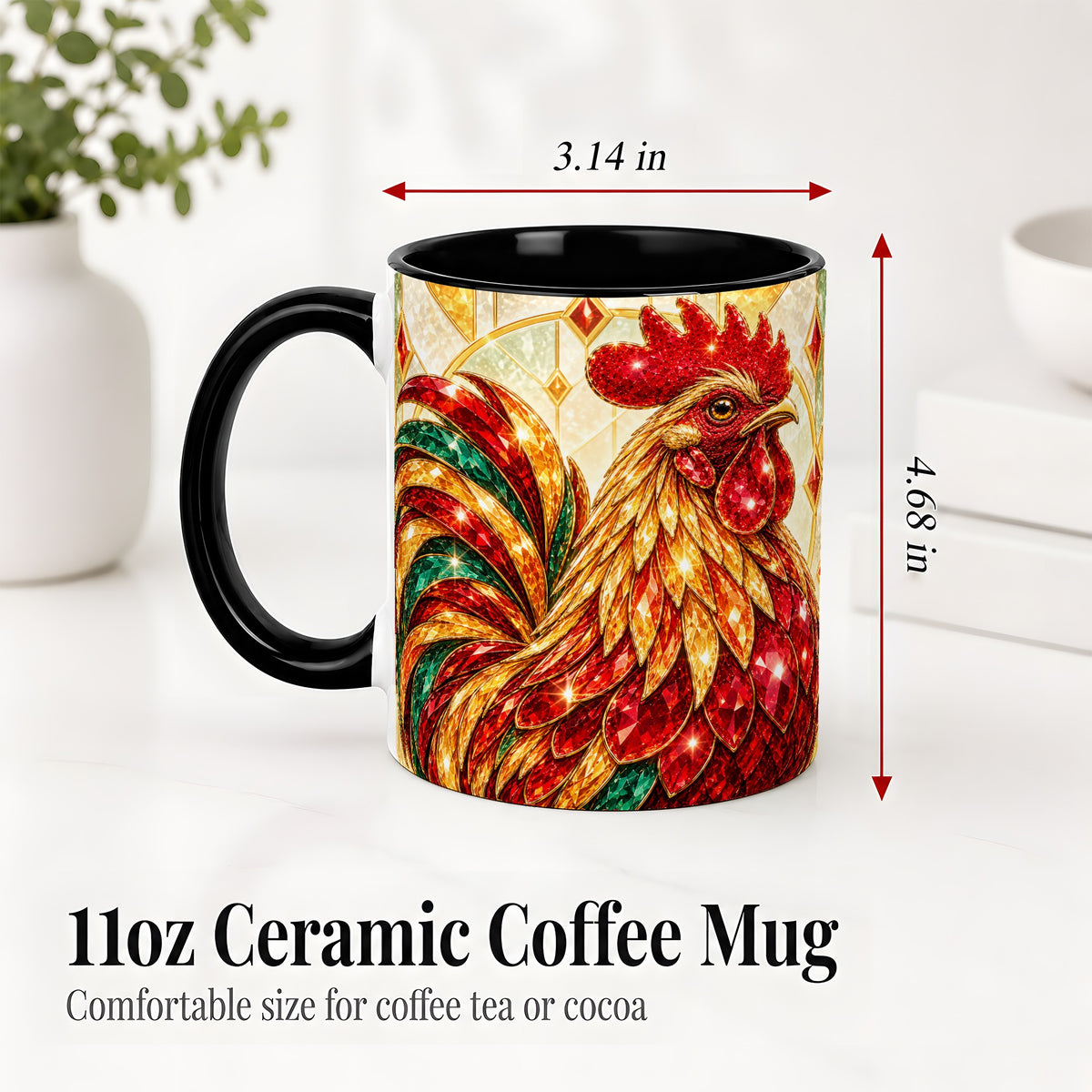 #pl[11oz|Black] Stained Glass Rooster Ceramic Mug with Red Green and Gold Artwork