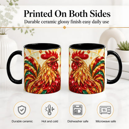 #pl[11oz|Black] Stained Glass Rooster Ceramic Mug with Red Green and Gold Artwork