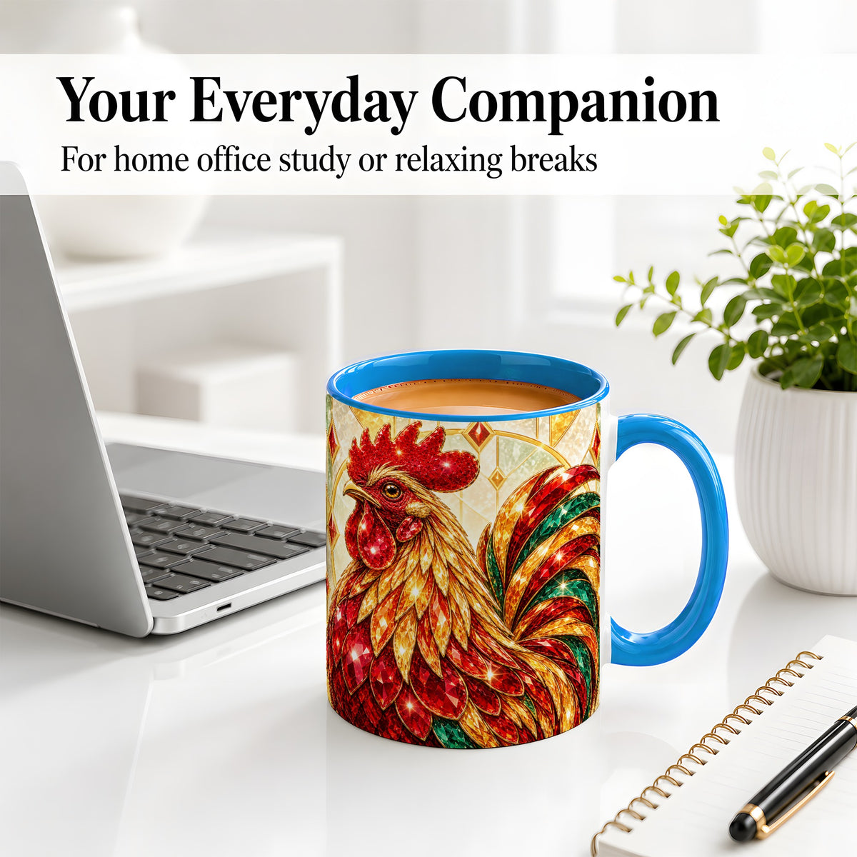 #pl[11oz|Blue] Stained Glass Rooster Ceramic Mug with Red Green and Gold Artwork