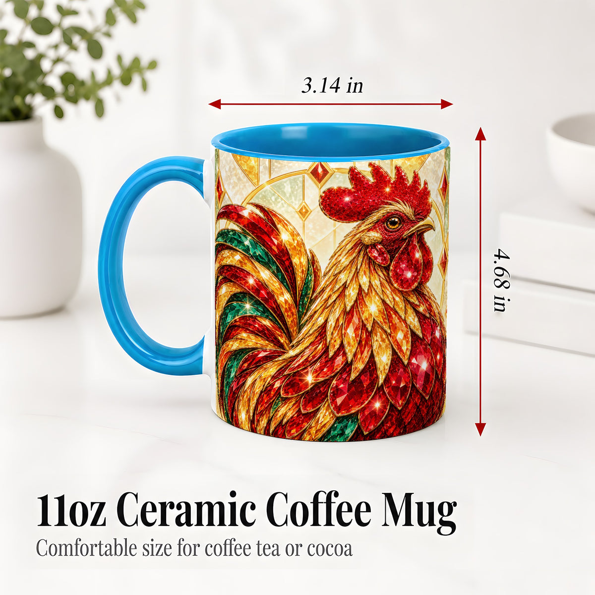 #pl[11oz|Blue] Stained Glass Rooster Ceramic Mug with Red Green and Gold Artwork