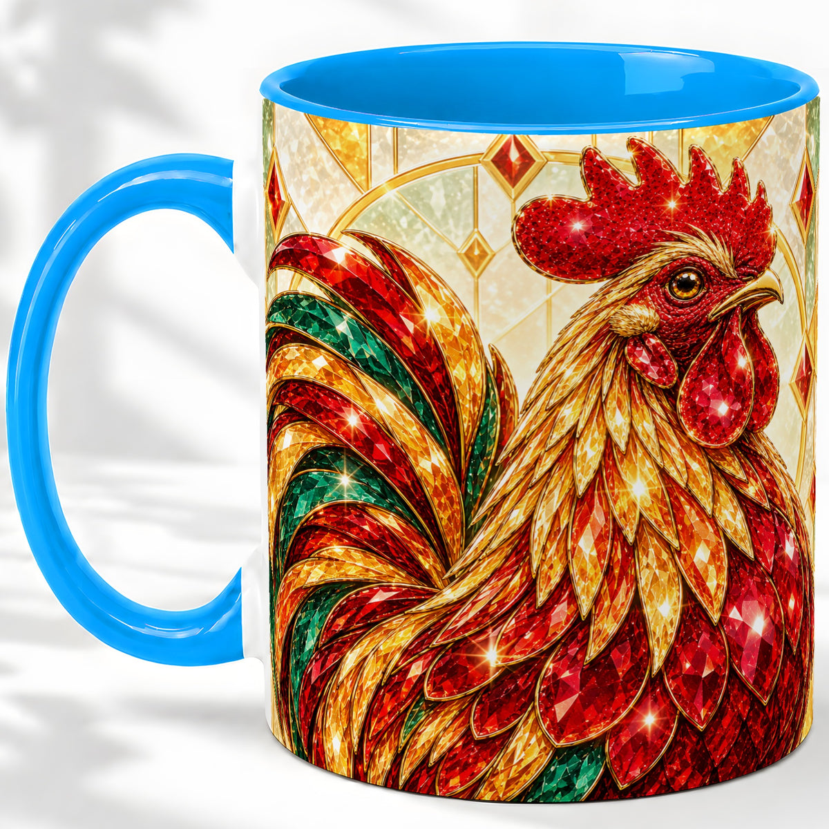 #pl[11oz|Blue] Stained Glass Rooster Ceramic Mug with Red Green and Gold Artwork