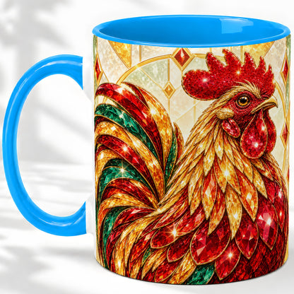 #pl[11oz|Blue] Stained Glass Rooster Ceramic Mug with Red Green and Gold Artwork