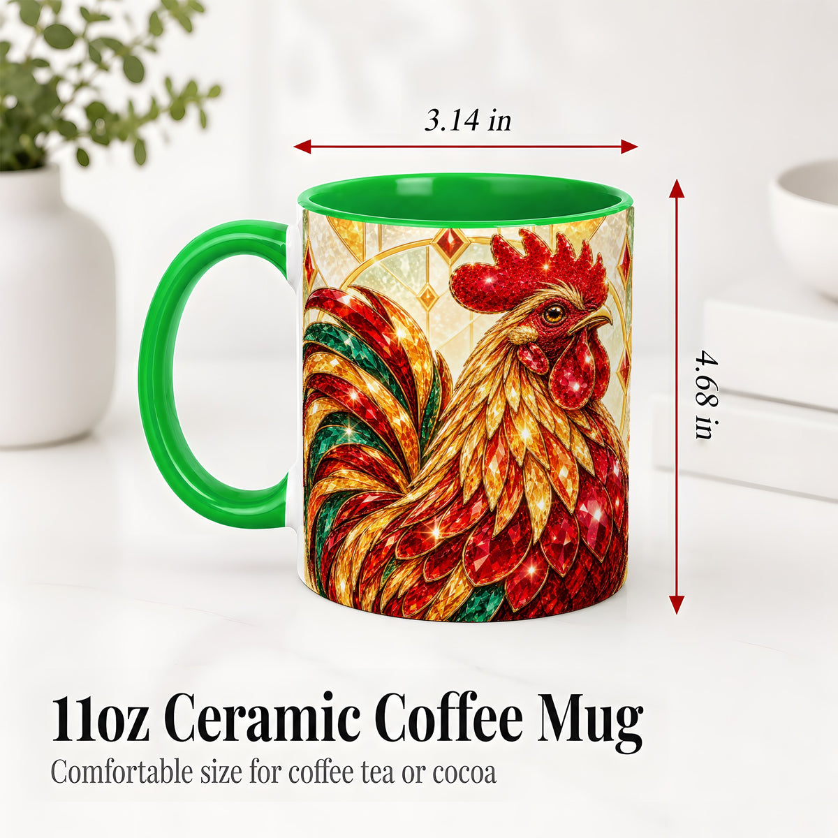 #pl[11oz|Green] Stained Glass Rooster Ceramic Mug with Red Green and Gold Artwork
