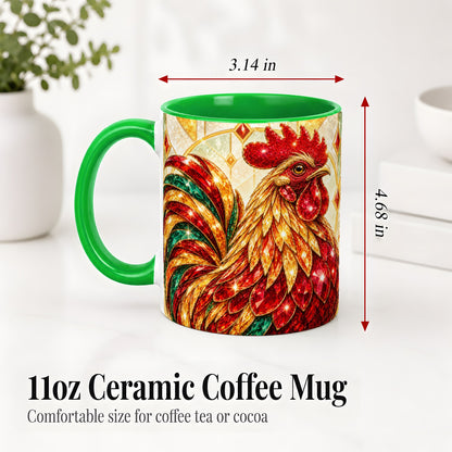 #pl[11oz|Green] Stained Glass Rooster Ceramic Mug with Red Green and Gold Artwork