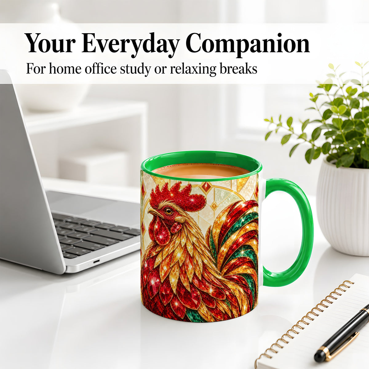 #pl[11oz|Green] Stained Glass Rooster Ceramic Mug with Red Green and Gold Artwork