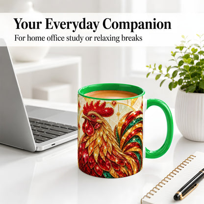 #pl[11oz|Green] Stained Glass Rooster Ceramic Mug with Red Green and Gold Artwork