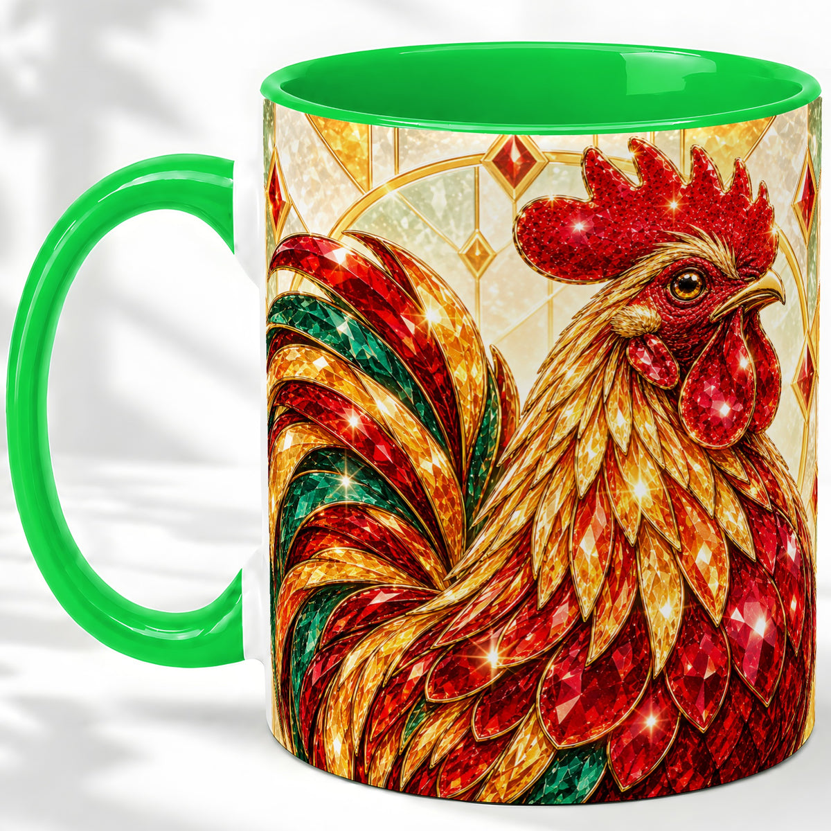 #pl[11oz|Green] Stained Glass Rooster Ceramic Mug with Red Green and Gold Artwork