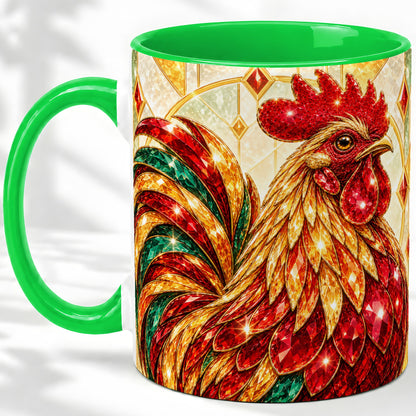 #pl[11oz|Green] Stained Glass Rooster Ceramic Mug with Red Green and Gold Artwork