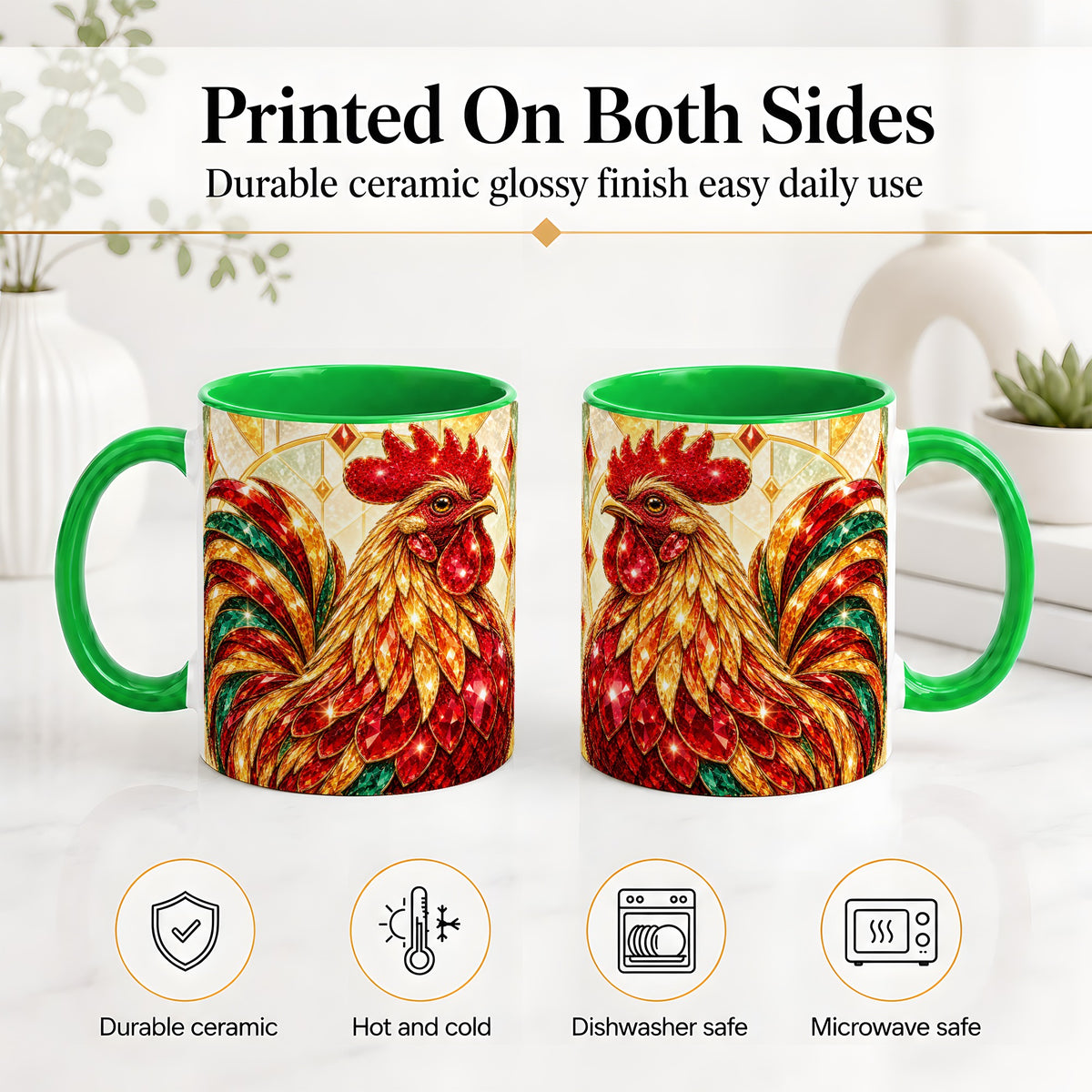 #pl[11oz|Green] Stained Glass Rooster Ceramic Mug with Red Green and Gold Artwork