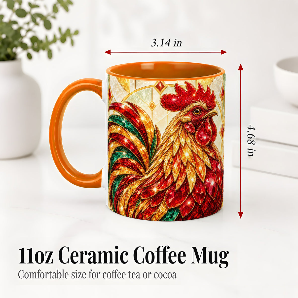 #pl[11oz|Orange] Stained Glass Rooster Ceramic Mug with Red Green and Gold Artwork
