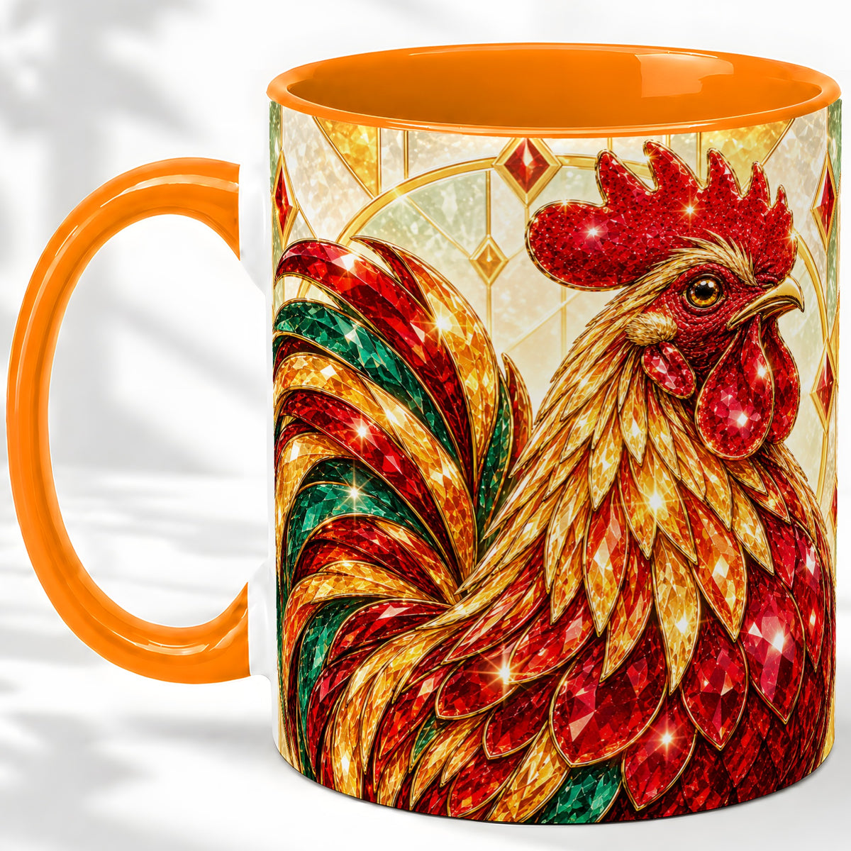 #pl[11oz|Orange] Stained Glass Rooster Ceramic Mug with Red Green and Gold Artwork