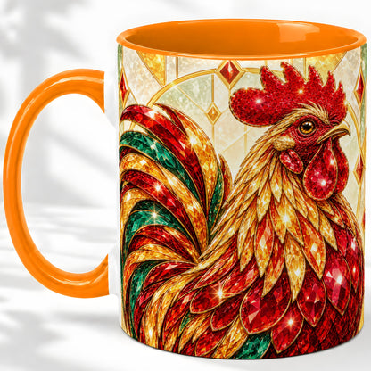 #pl[11oz|Orange] Stained Glass Rooster Ceramic Mug with Red Green and Gold Artwork
