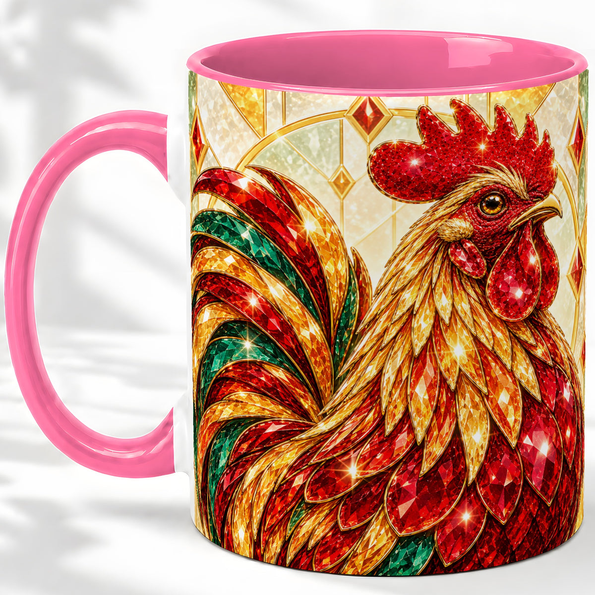 #pl[11oz|Pink] Stained Glass Rooster Ceramic Mug with Red Green and Gold Artwork