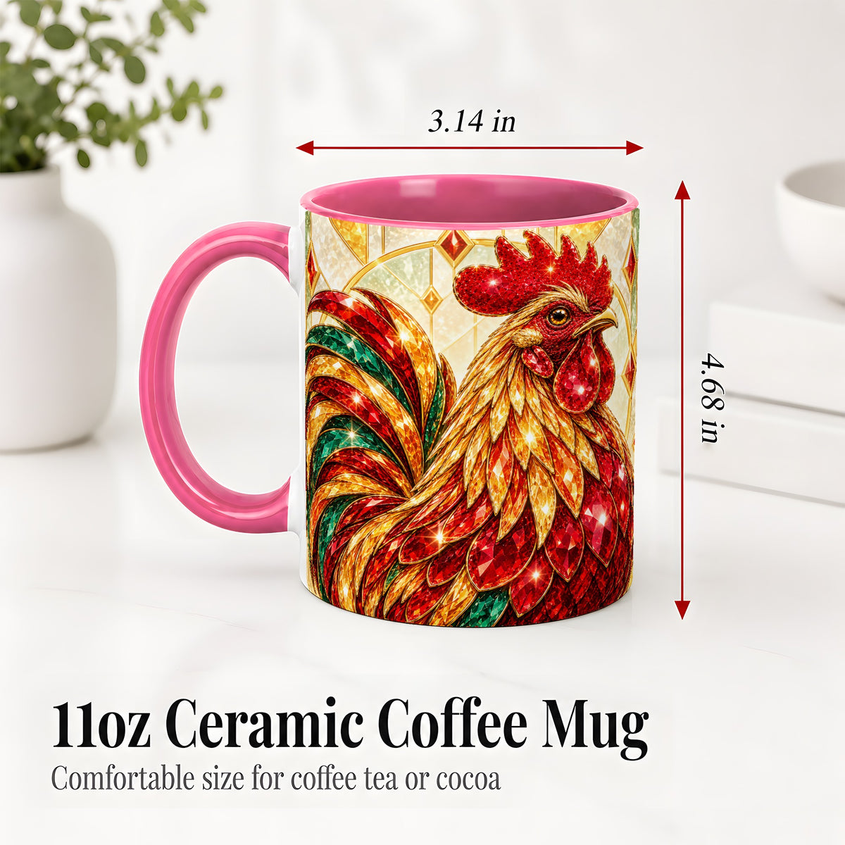 #pl[11oz|Pink] Stained Glass Rooster Ceramic Mug with Red Green and Gold Artwork