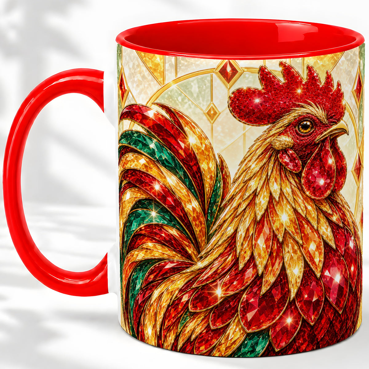 Stained Glass Rooster Ceramic Mug with Red Green and Gold Artwork