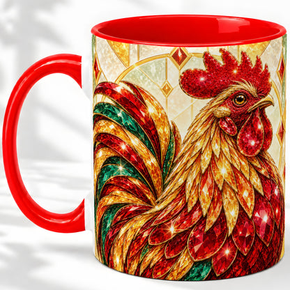 Stained Glass Rooster Ceramic Mug with Red Green and Gold Artwork