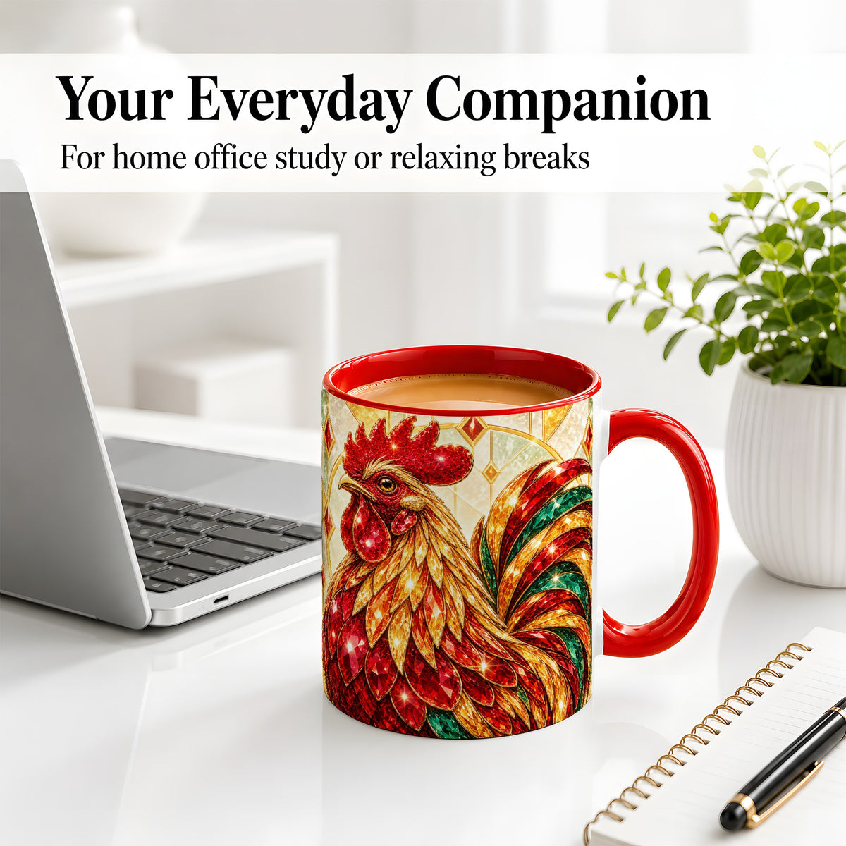 #pl[11oz|Red] Stained Glass Rooster Ceramic Mug with Red Green and Gold Artwork